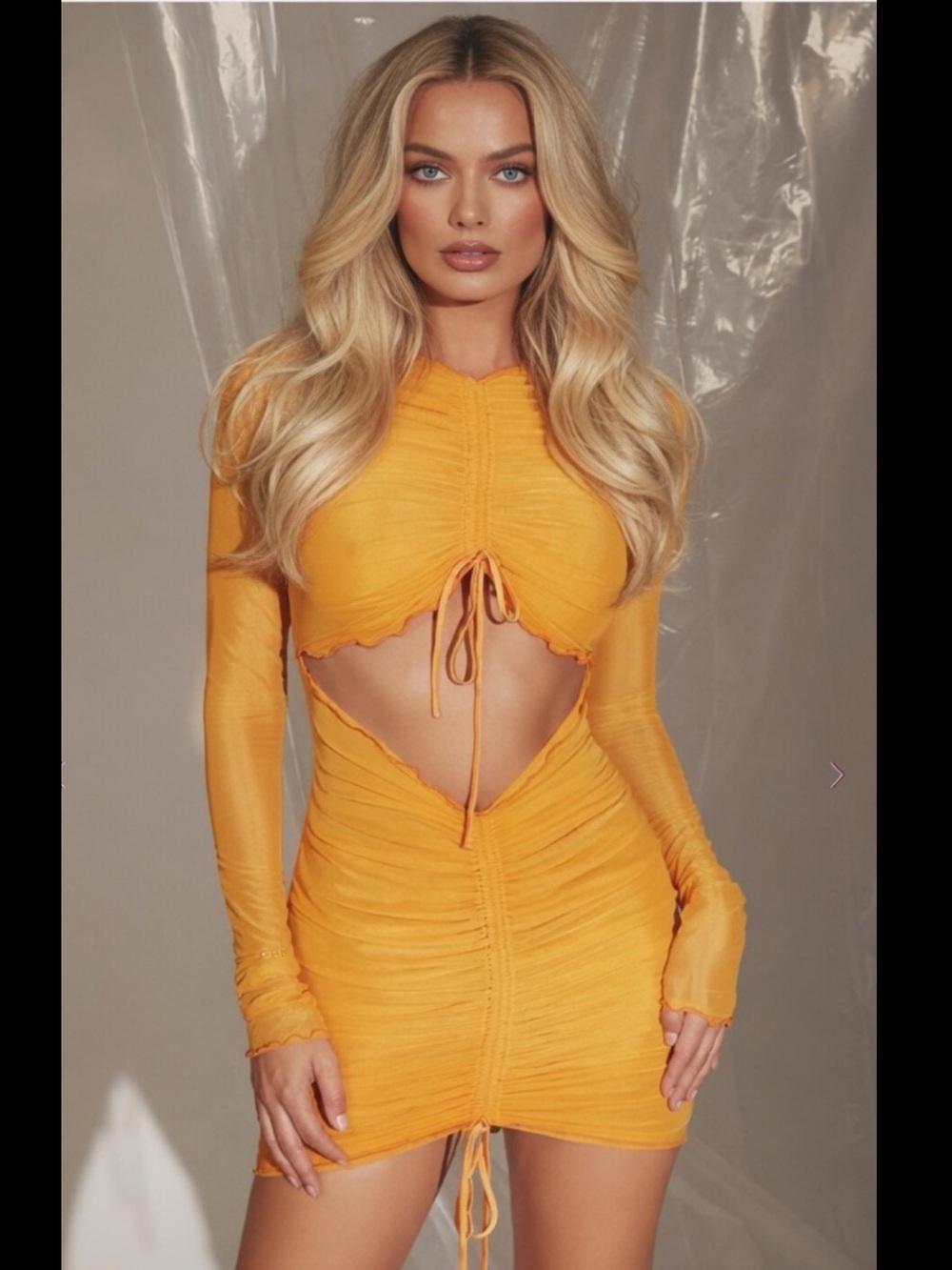 House of CB ‘JEANELLE’ Orange Ruched Mesh Cutout Mini Dress Small US2-4 $179